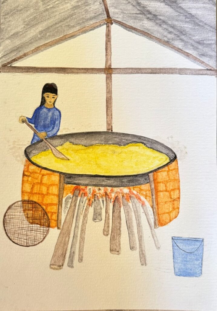 2025 – Desenhando uma mulher Baniwa torrando farinha bem amarela no forno de alumínio