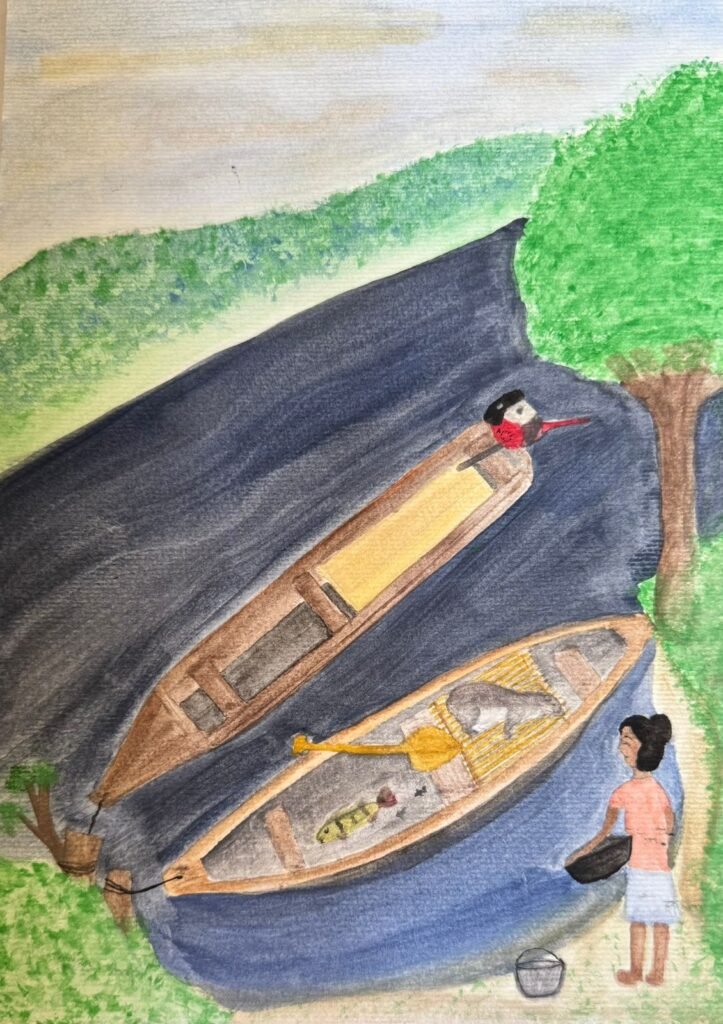 Mulher Baniwa indo pegar na canoa paca e peixe